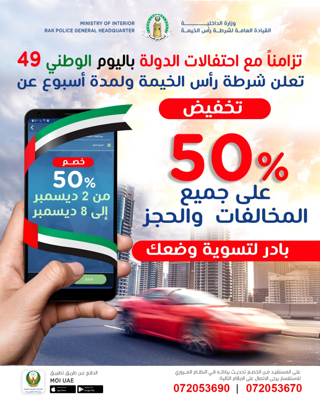 بمناسبة احتفالات اليوم الوطني 49 شرطة رأس الخيمة تخفض المخالفات المرورية (50%) من 2 إلى 8 ديسمبر  